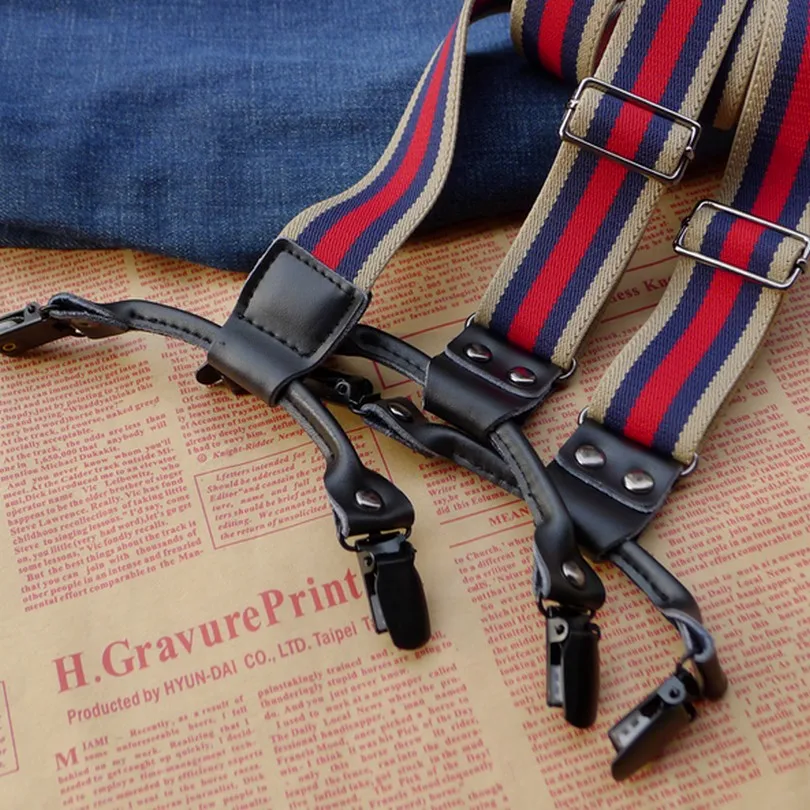 6 клип пояса из натуральной кожи Эластичные подтяжки мужские Женская мода Полосатый Регулируемый Bretelles Unisexe
