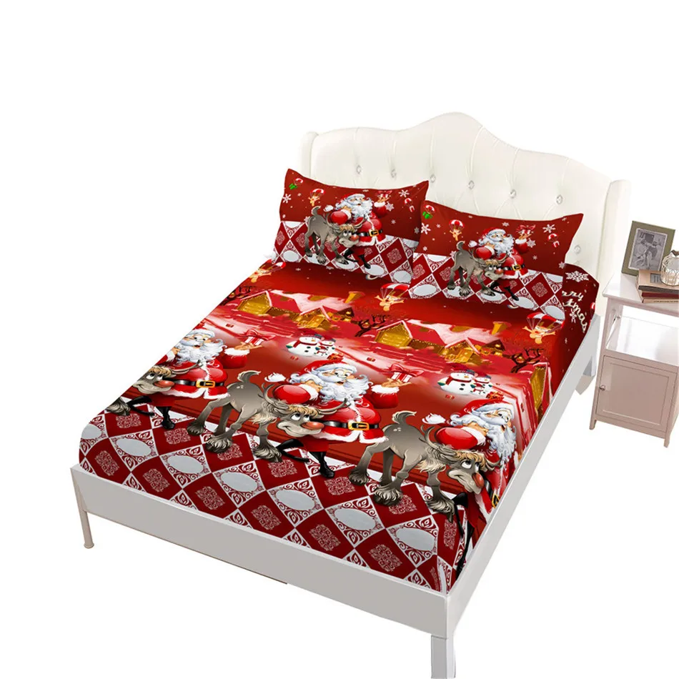 

Cartoon Christmas Bedding Set Santa Claus Deer Print Fitted Sheet Queen King Bed Linen Flat Sheet Festival Bedclothes Pillowcase