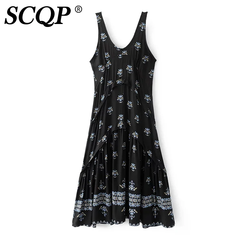 SCQP Спинки Отпечатано Ruffles Beach Dress Дамы Рукавов Глубокий V-образным Вырезом Чешские