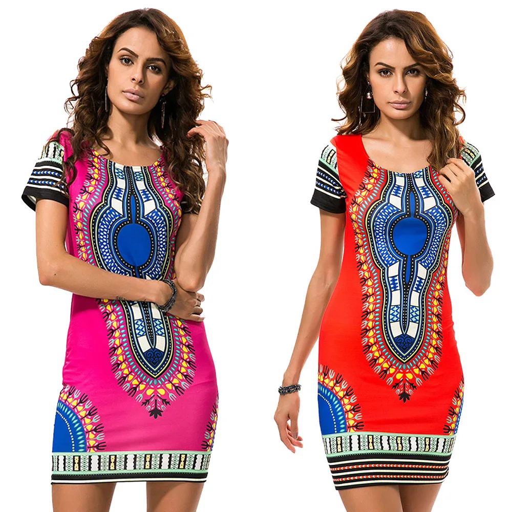 Женское платье в африканском стиле Fadzeco Dashiki синее Красное Желтое с традиционным