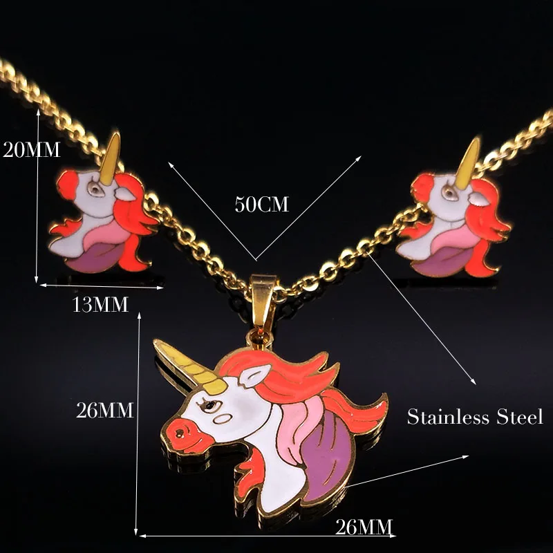2021 Единорог Нержавеющая сталь Эмаль серьги набор колье для женщин золото Цвет