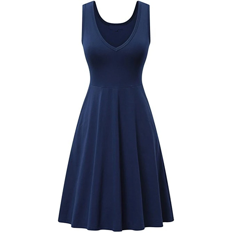 navy-blue SINGRAIN женское однотонное платье без рукавов Летнее повседневное сарафан офисное платье размера плюс вечерние ТРАПЕЦИЕВИДНОЕ пляжное платье для отдыха - Цвет: navy-blue