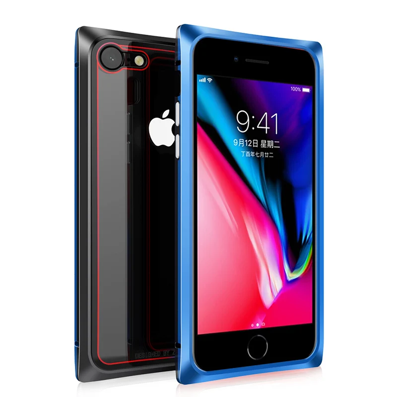 Чехол для iPhone 8 Роскошный тонкий жесткий магнитный металлический алюминиевый прозрачный защитный чехол для iPhone 7 для телефона из закаленного стекла - Цвет: Black Blue
