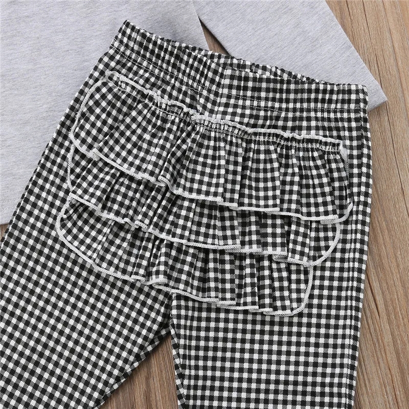 Toddler Kids Baby Girl Grey Ruffle T Shirt Tops White Black Plaids Pants Leggings 3Pcs Headband Outfits Clothes Set | Детская одежда и