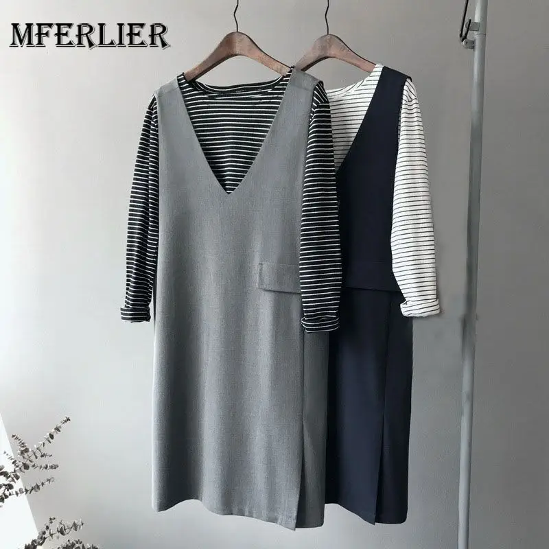 Mferlier дамы осень зима офисное платье Твердые Краткая без рукавов с v-образным