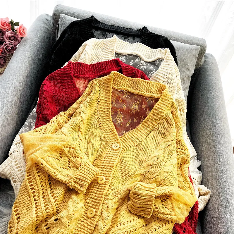 New 2019 spring hollow cardigan women's lace knitted sweater with loose foreign style and thick stick needle jacket sweaters |