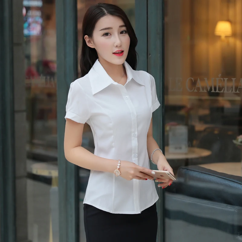 Размера плюс 4XL 5XL Стильная женская рубашка из летней; Новая одежда для детей с короткими рукавами элегантные топы и блузки белые шифоновые блузки для работы в офисе, тонкий