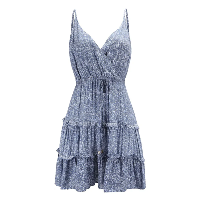 Женское летнее богемное пляжное платье Boho с бретельками и открытой спиной, Кружевное белое мини-платье, праздничные женские платья, сарафан - Цвет: Синий