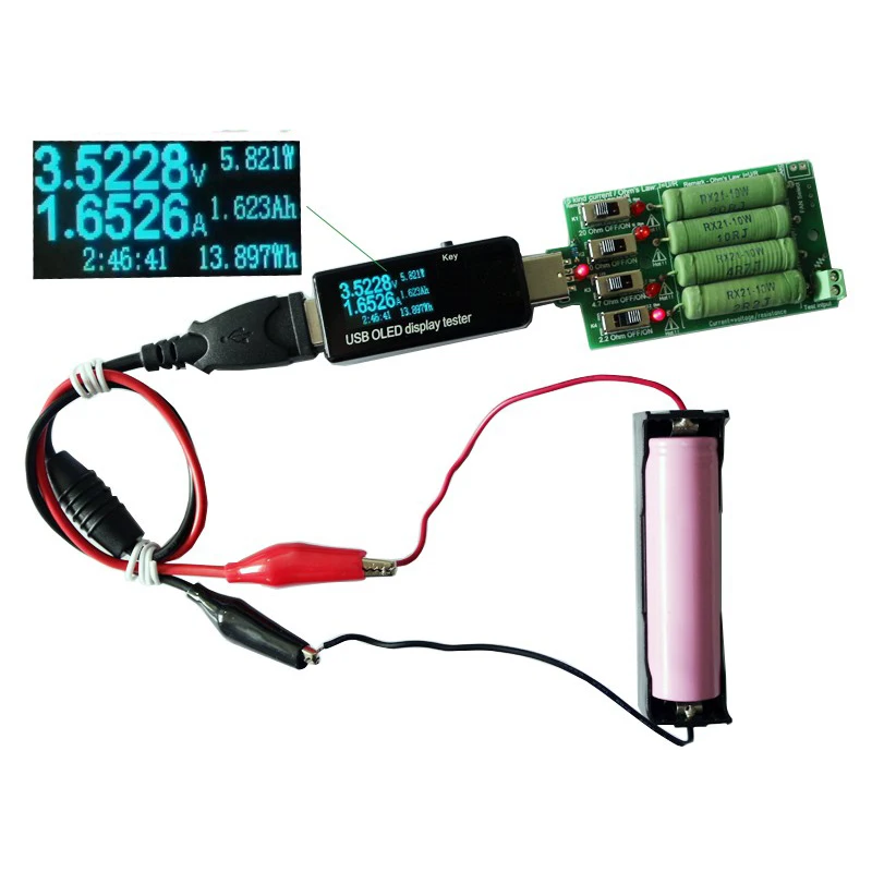 

OLED Display USB Tester DC Voltmeter Ammeter 18650 Capacity Meter with Electronic load Discharge Resistance Alligator Clips