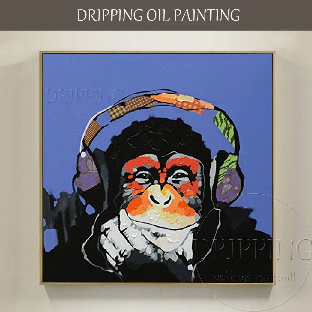 

Wall Art Painting Hand-painted High Quality Modern Monkey Listen Music Oil Painting Funny Animal Oil Painting for Wall Decor
