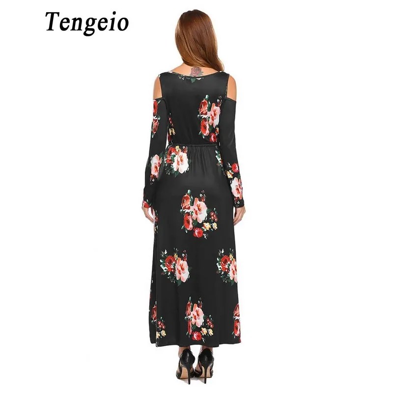 Tengeio Для женщин зима шею Cold Shoulder Dress Повседневное с длинным рукавом цветочным