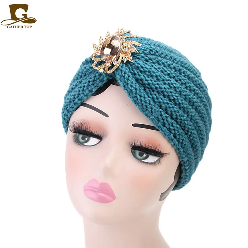 teal Женский вязанный тюрбан с ювелирной брошью, зимняя теплая мягкая акриловая шапка Хемо, шапка для сна, комфортная шапка тюрбан, шапка от рака, шапка для выпадения волос - Цвет: teal