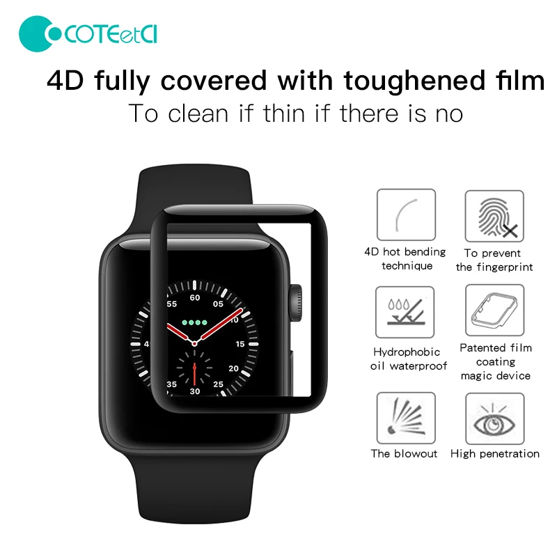 COTEetCI 4D полностью покрытые закаленное Стекло Экран Защитная пленка для I часы для Apple Watch 1/2/3 серии 38 мм/42 мм