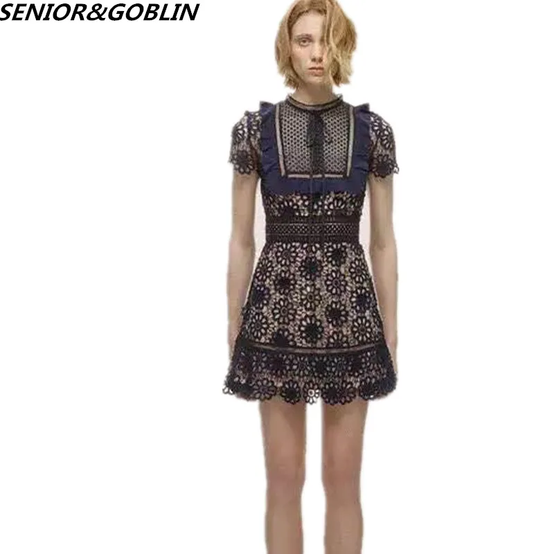 Женское кружевное платье с коротким рукавом темно синее мини для вечеринок лето