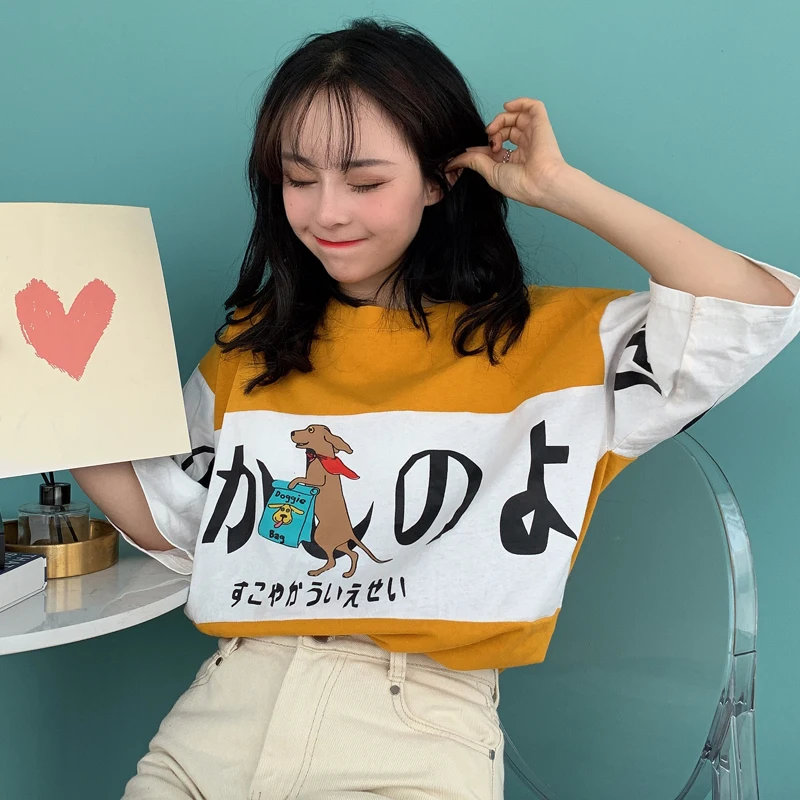 Ulzzang, летние милые японские топы с рисунками из мультфильмов, новинка, Harajuku, женская, три четверти, Корея, большой размер, свободная, повседневная, забавная, хлопковая футболка