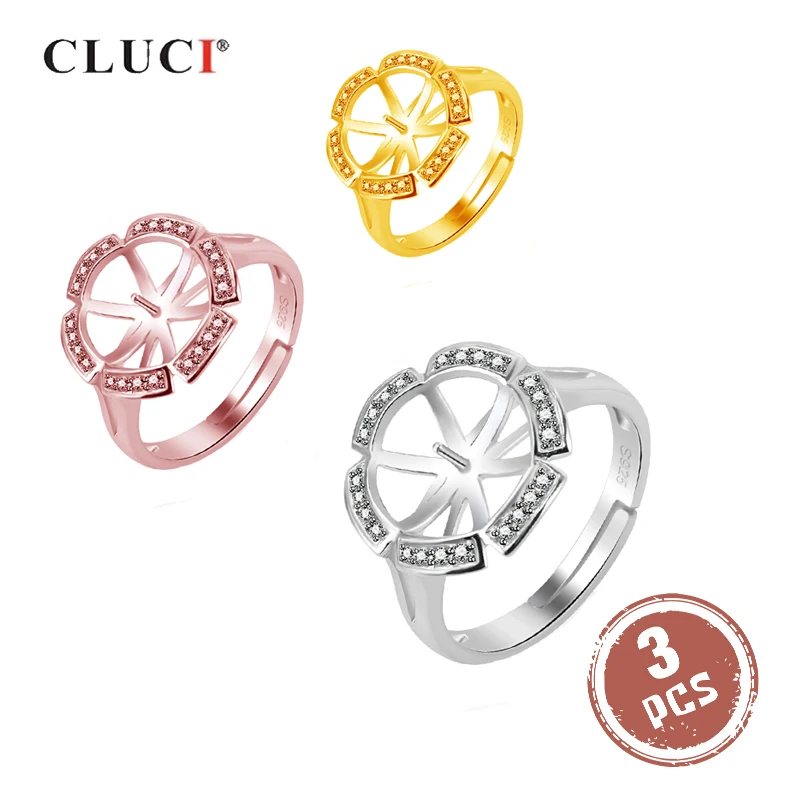 

CLUCI 3pcs Silver 925 Round Zircon Pearl Rings Mounting Adjustable Rings Jewelry Silver 925 Women Open Rings Jewelry SR2096SB