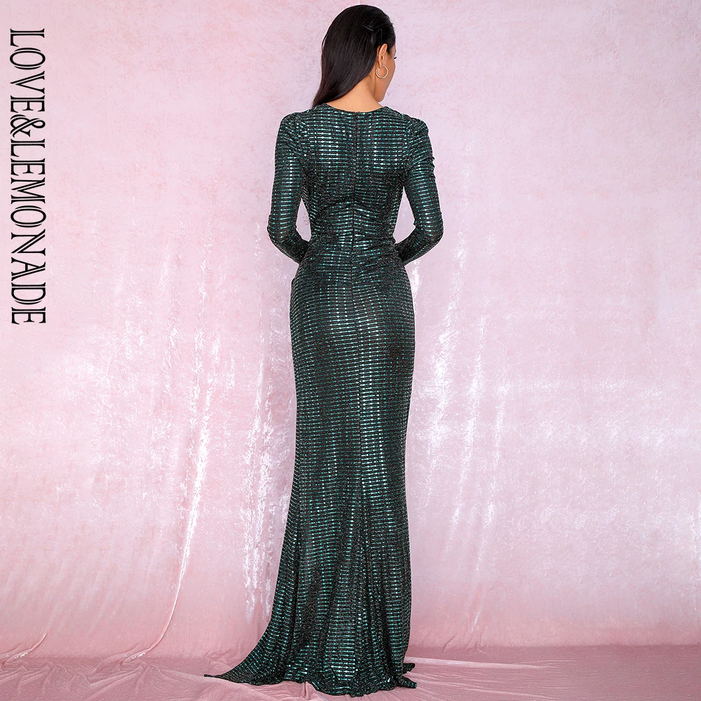 

LOVE&LEMONADE Sexy Green Deep V-Neck Cut Out Puff Sleeves Glitter Sequins Elastic Material Maxi Dress LM81715