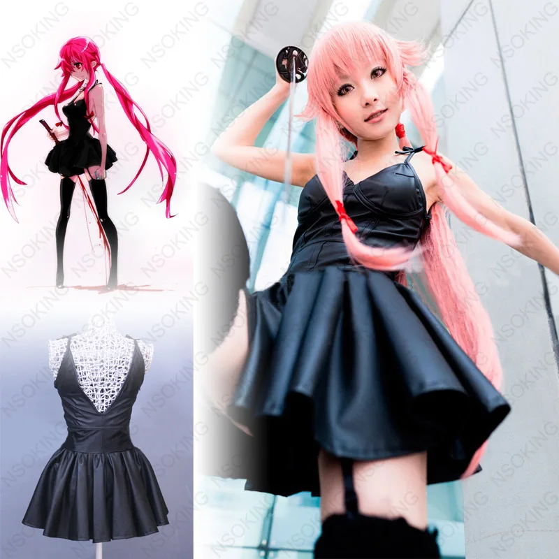 Дневник будущего Mirai Nikki Gasai Yuno косплей костюм аниме черное кожаное платье на