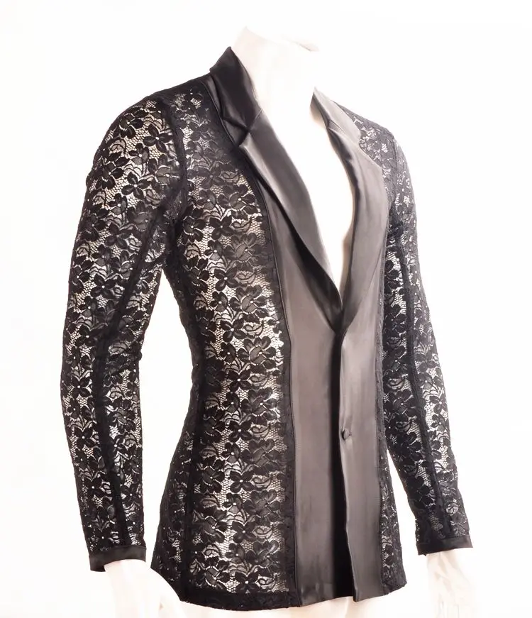 

Latin dance lace openwork cardigan Mens Long sleeve shirt lapel transparent Latin MS15003