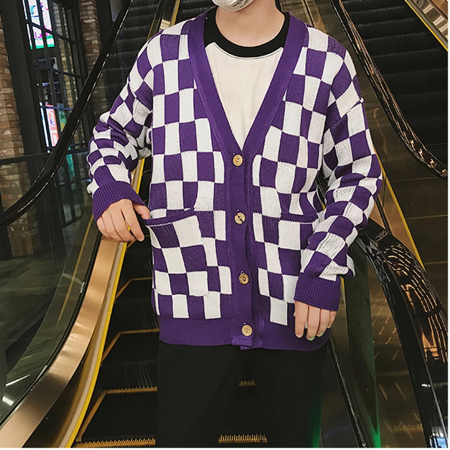 Plaid Oversized Sweater Men Hip Hop Mens v Neck Knit Cardigan Hombre Korean Checked Vintage Knitted Jacket Sweaters Mens Stylish