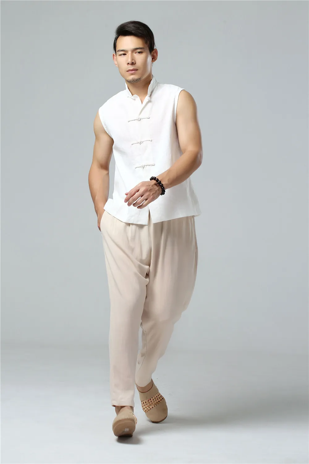 LZJN Men's Summer Waistcoat Chinese Style Vintage Breathable Linen Button Down Kung Fu Shirt Sleeveless Vest Jacket