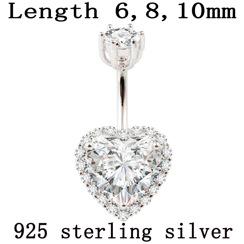 

Real 925 sterling silver belly button ring women fine jewelry heart body piercing jewelry S925 6 8 10 mm navel bar zircon stones