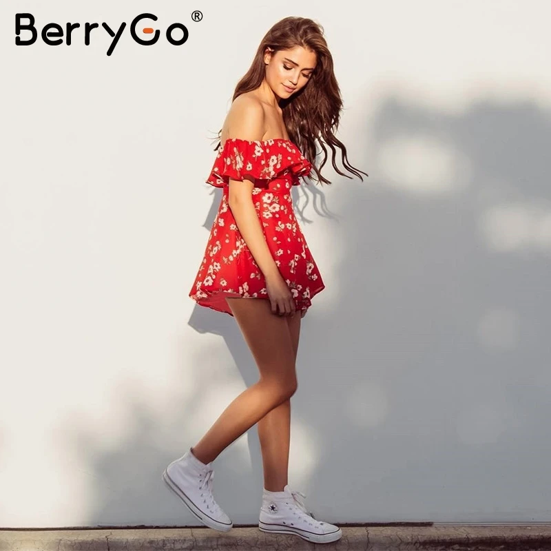 BerryGo оборки открытые плечи печати комбинезон Ползунки Женская высокая талия