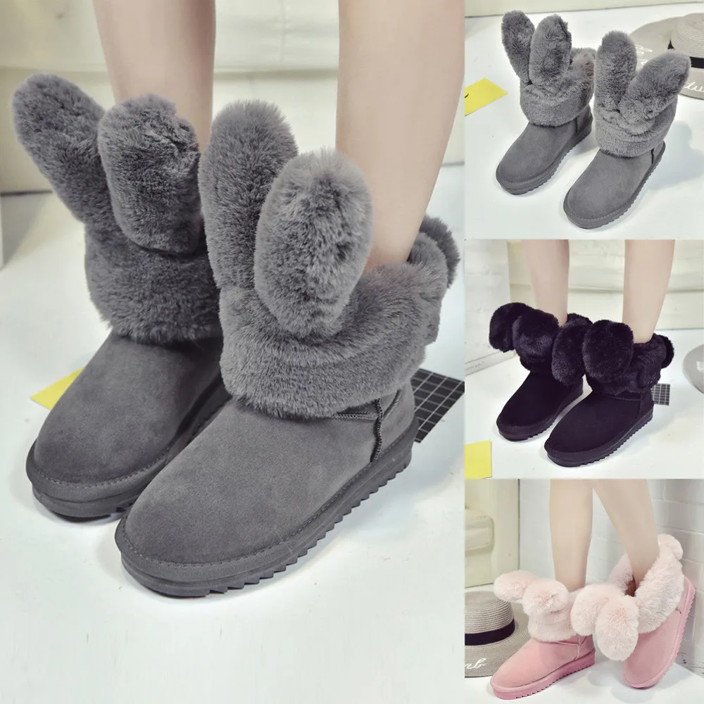 Стильные складные женские зимние ботинки с заячьими ушками Теплая обувь