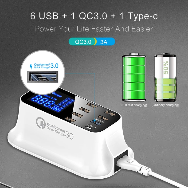 8 порты USB Quick Charge 3 0 адаптер Smart Тип C зарядное устройство станции СВЕТОДИОДНЫЙ