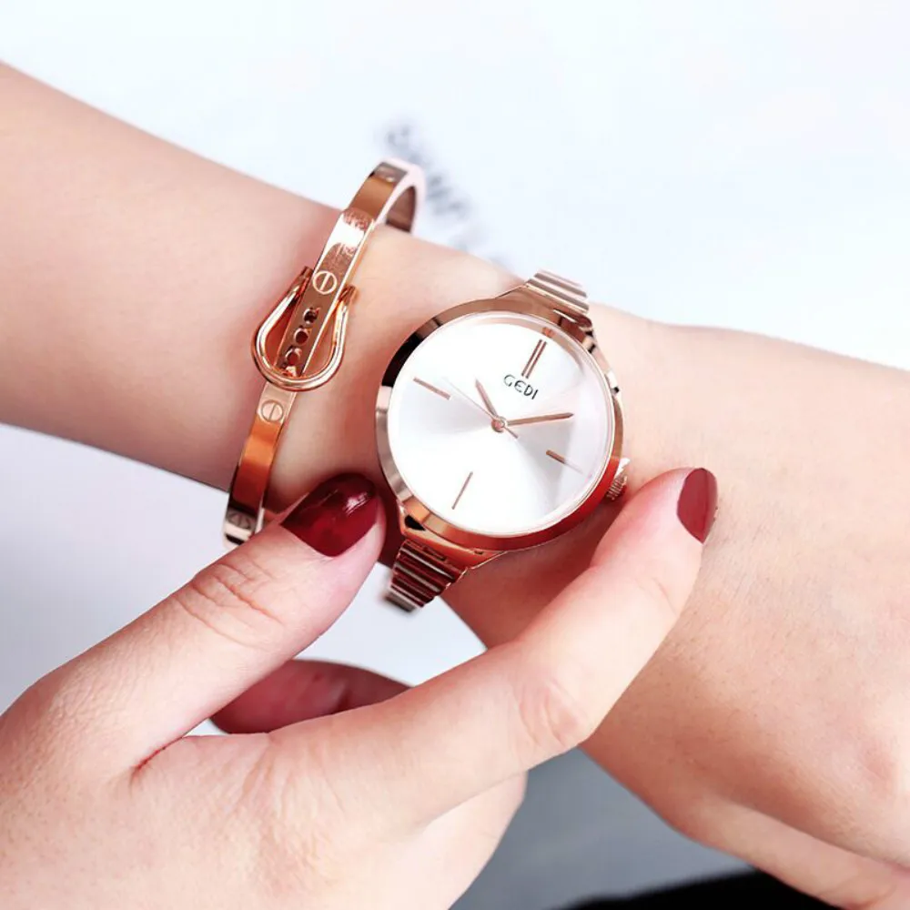 Новая мода GEDI Роскошные женские кварцевые платье часы браслет водостойкий сплав