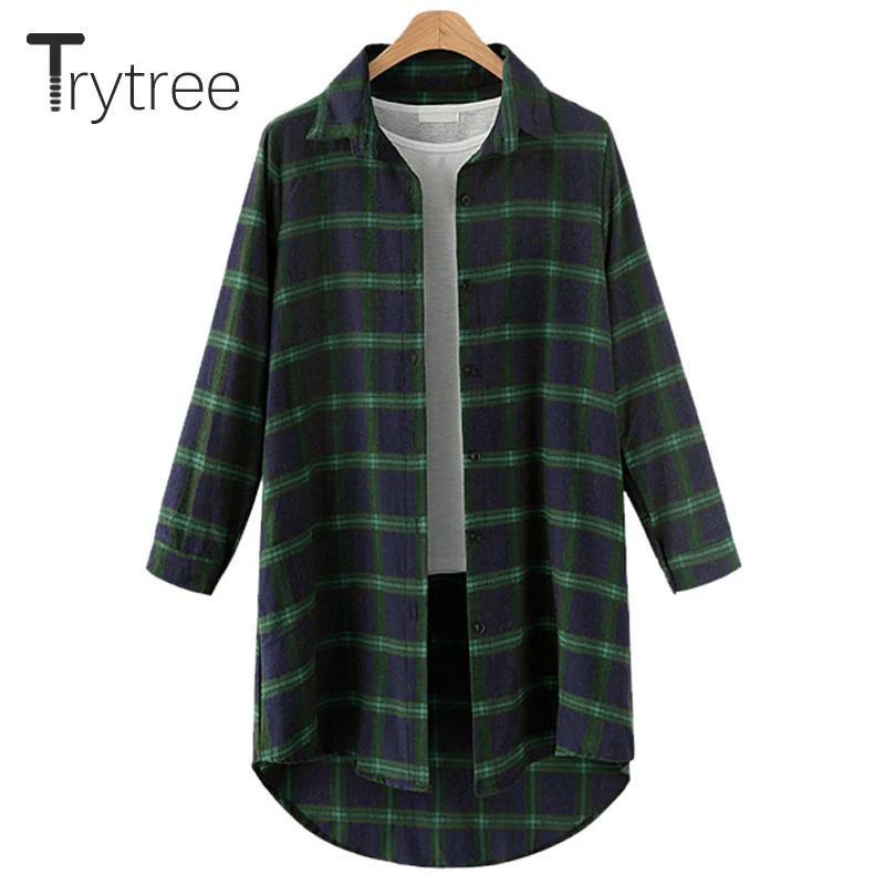 Trytree весна осень Женская хлопковая блузка Повседневная рубашка с отложным