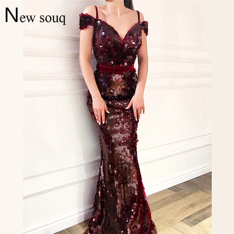 

Sequin Slim Mermaid Evening Dress Wine Red Formal Women Party Gowns Robe De Soiree 2019 Long Prom Dresses Capped Sleeves Dresses