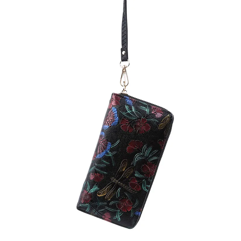 Длинный женский кошелек из кожи с 3D тиснением роза Стрекоза бабочка Дамский