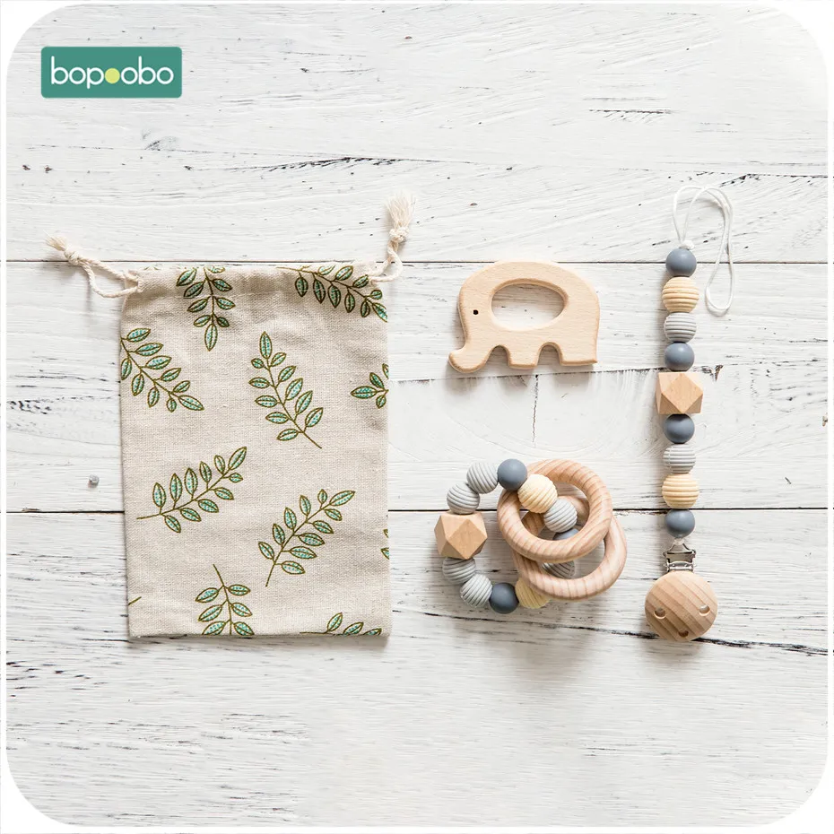 Bopoobo 3Pc/Set Silicone Beads Baby Teether Necklace Round Wooden Beads Pendant For Nursing Pacifier Chain Clips Baby Products
