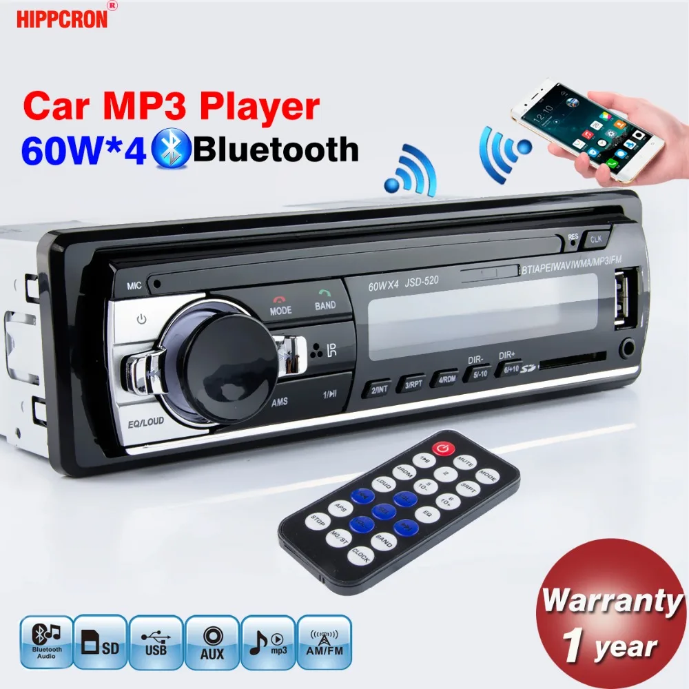 

Автомобильный радиоприемник Hippcron, цифровой MP3-плеер с поддержкой Bluetooth 60Wx4, FM-радио, USB/SD, вход AUX