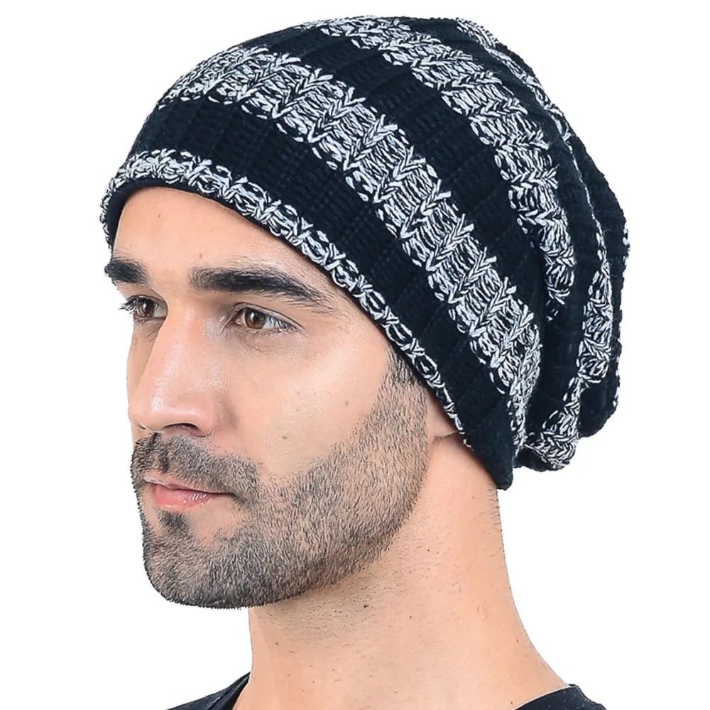 Для мужчин Сутулиться Beanie Кепки На зиму высокого качества акрил полосатый вязать
