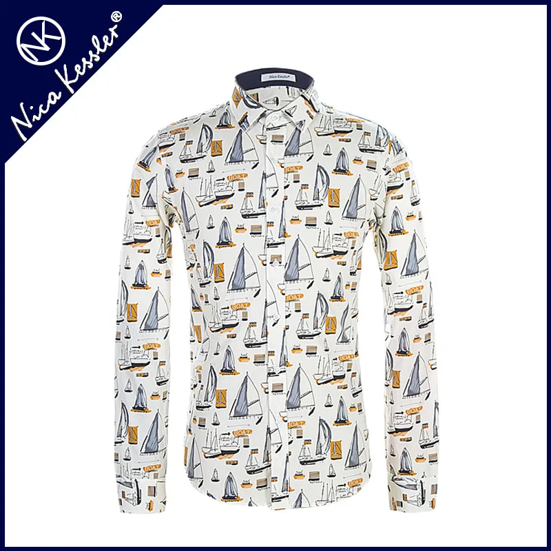 Хлопковая мужская рубашка с принтом тонкая длинными рукавами модная футболка