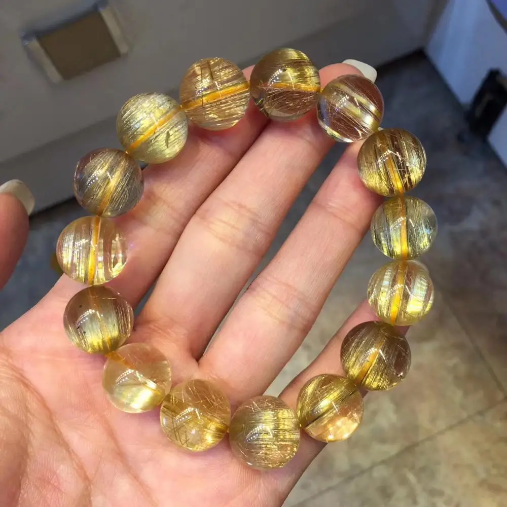 

14mm Natural Gold Rutilated Titanium Quartz Bracelet Jewelry For Women Lady Man Round Beads Brazil Gift Crystal Stretch AAAAA
