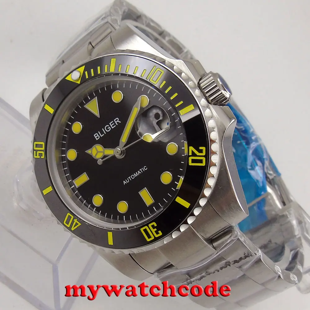 

40mm bliger black dial yellow marks date sapphire crystal automatic mens watch