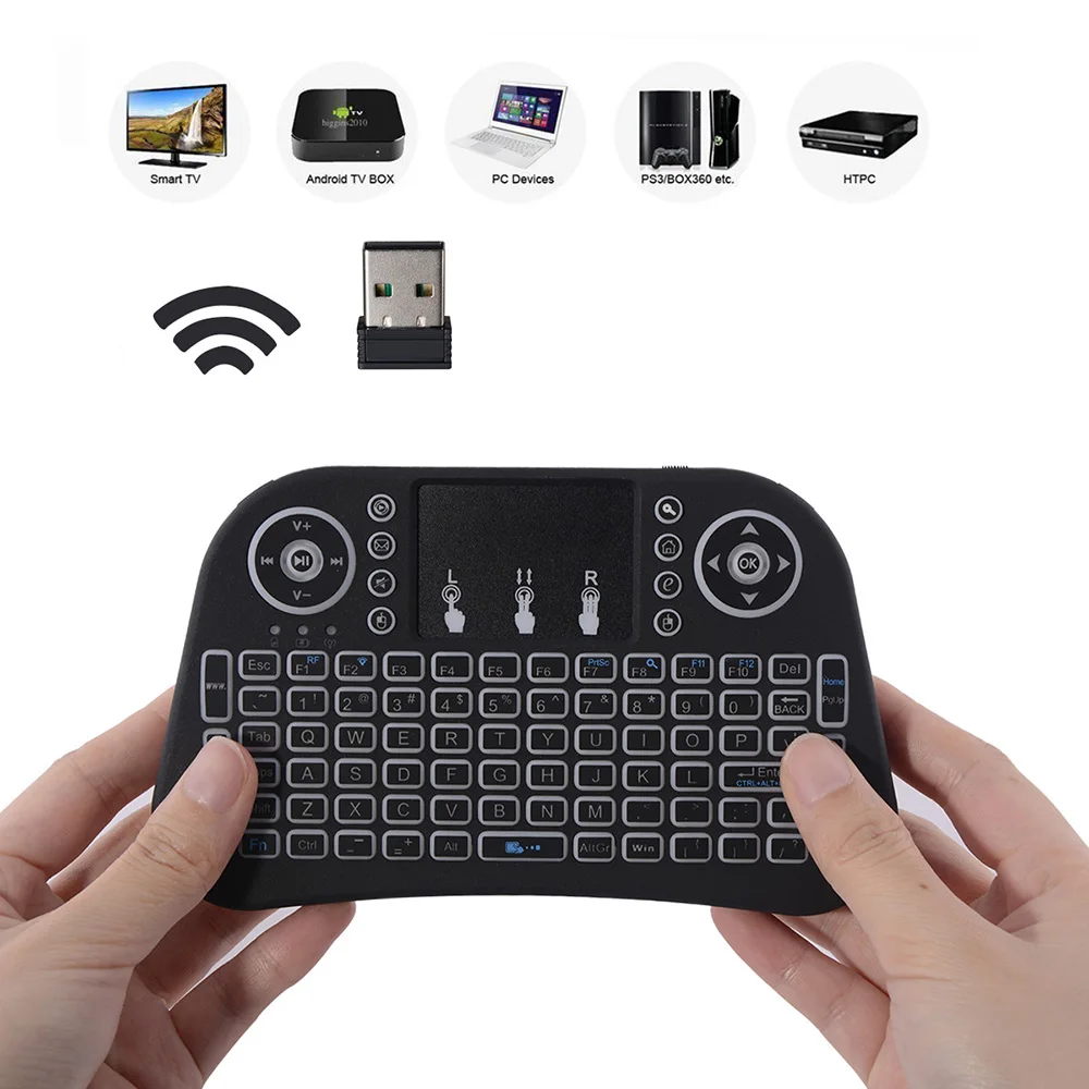 Мини-беспроводная игровая клавиатура 2,4 ГГц с подсветкой, сенсорной панелью и мышью для ПК, Android TV и ноутбука.