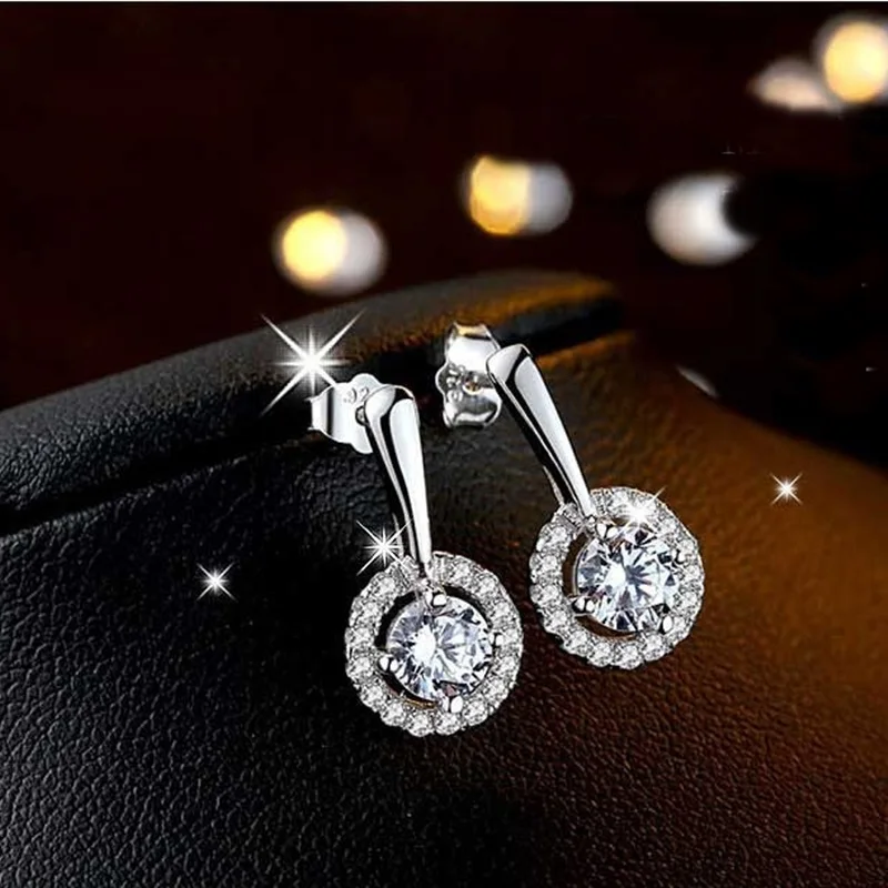 

OMHXZJ Wholesale European Fashion Woman Girl Party Wedding Gift Round White AAA Zircon 18KT White Gold Stud Earrings EA249