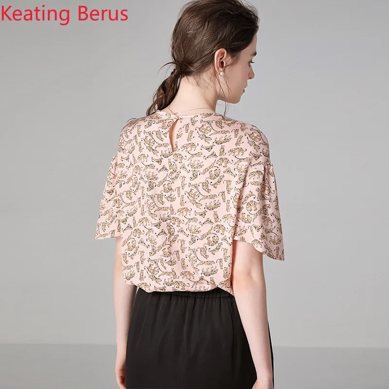 100% шелк женская летняя футболка с короткими рукавами сексуальные шарф принтом