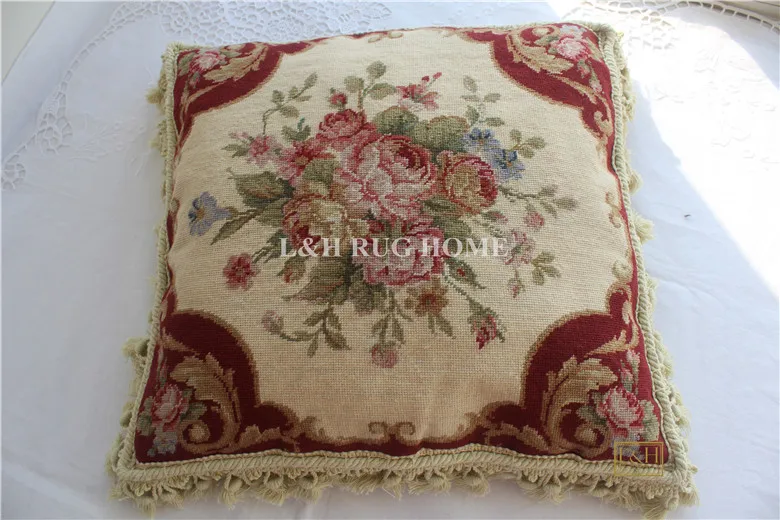 

FREE SHIPPING 15K 16"X16" Handmade wool Needlepoint pillow handknotted cushion with floral designs no insertion