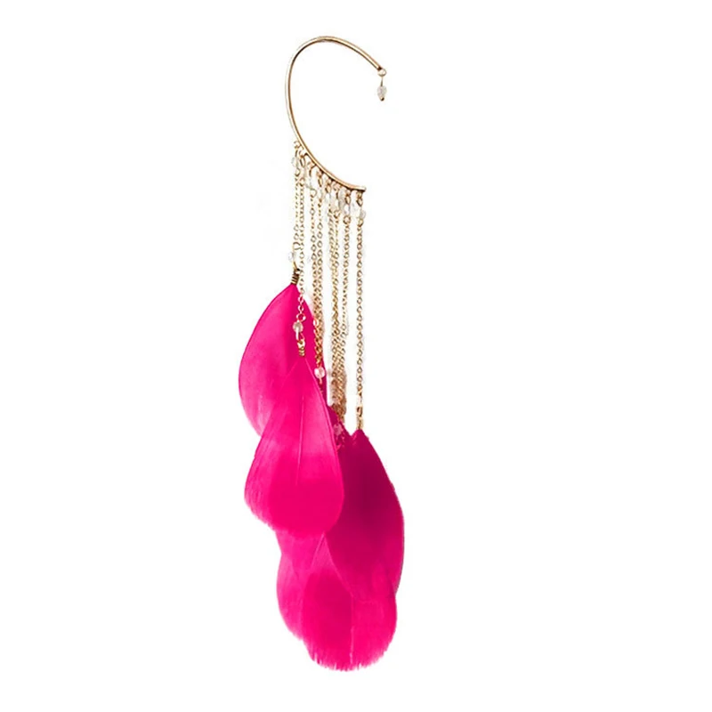 pink SUKI богемные цветные Серьги-клипсы с перьями без пирсинга для женщин, аксессуары, длинные серьги-манжеты с кисточками, ювелирные изделия - Окраска металла: pink