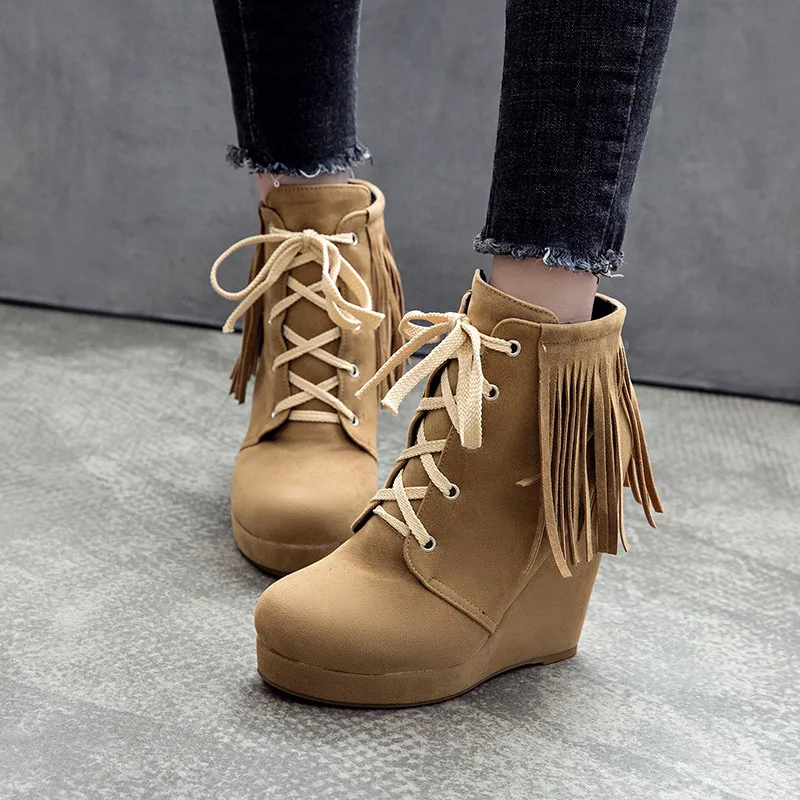 YMECHIC/женские модные ботинки на танкетке с кисточками шнурках в готическом стиле