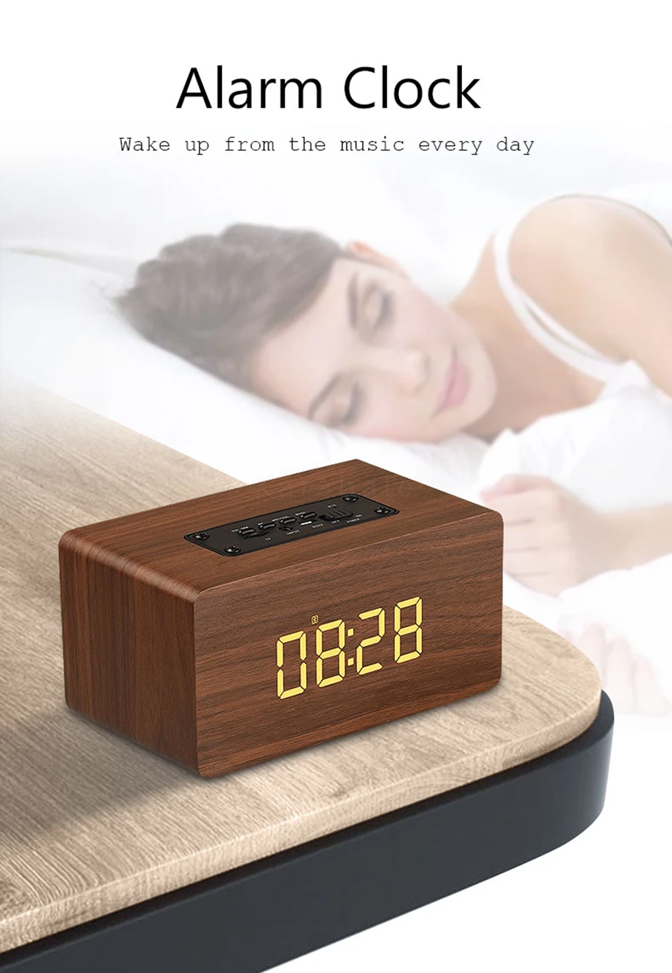 HOT Wooden Bluetooth Speaker Alarm Clock Wireless Portable HiFi Shock Bass Altavoz TF Soundbar MP3 Speaker FM Radio Microphone