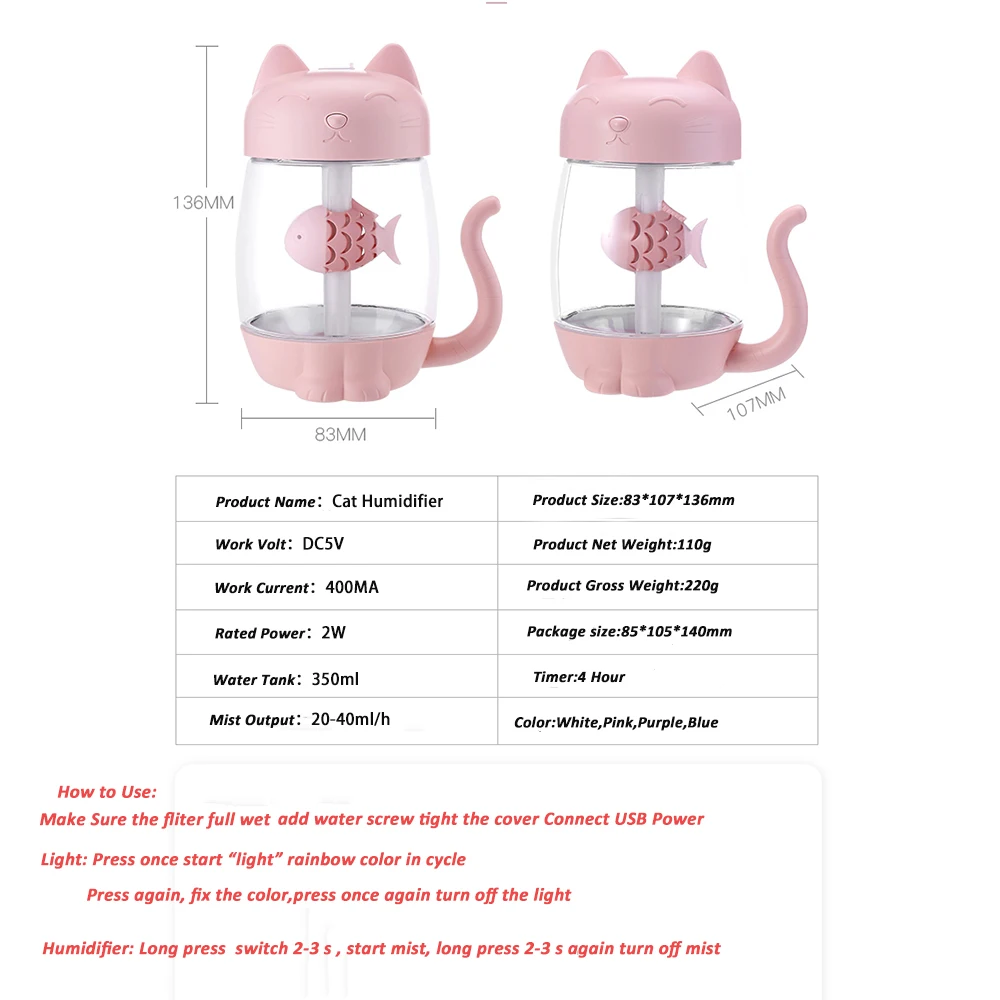 LED Light 350ML USB Cat Air Humidifier 3 in 1 Ultrasonic Cool-Mist Adorable Mini With Fan for Home office | Дом и сад
