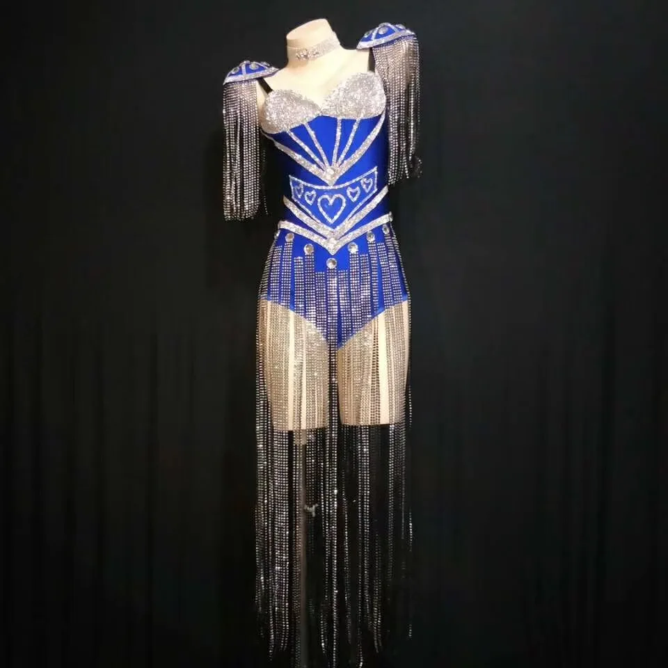 Пикантный блестящий костюм с кисточками Голубой купальник кристаллами