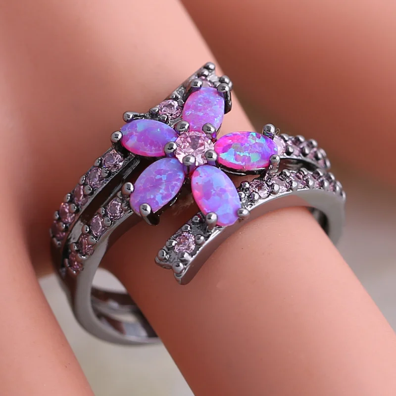 

Fashion Pink Cubic Zirconia Purple Fire Opal black gun plated Gift Party Wedding rings for women flower rings R367