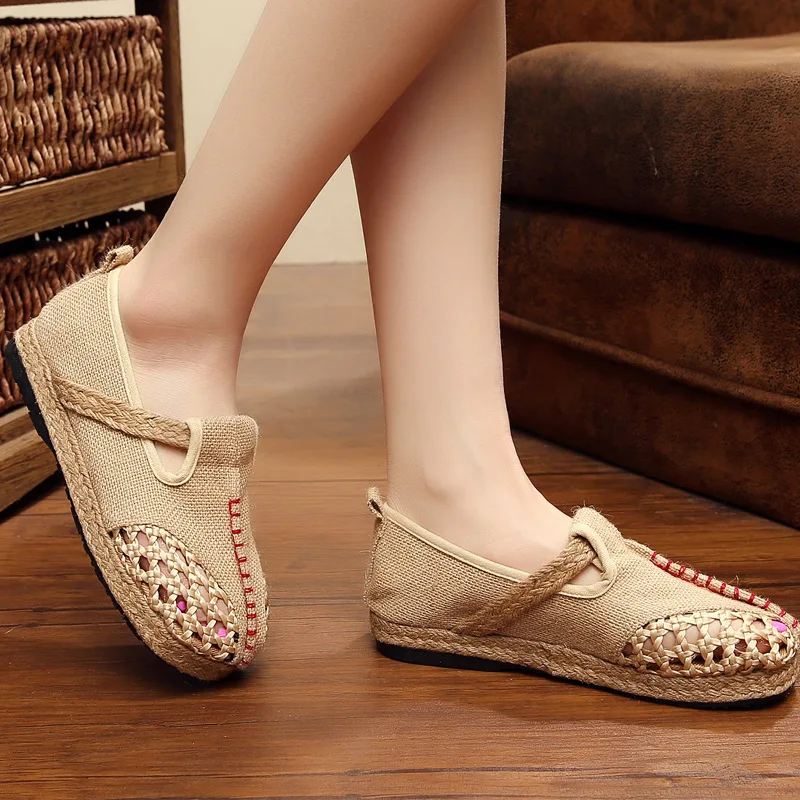 Туфли женские с перфорацией дышащие льняные плоская подошва Круглые без